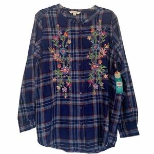 Pioneer Woman Shirt Blue Plaid Floral Embroidered Button Blouse Sz L 12/14 NEW!